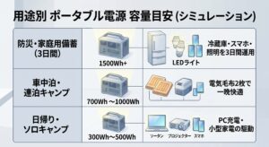 用途別のポータブル電源容量選び