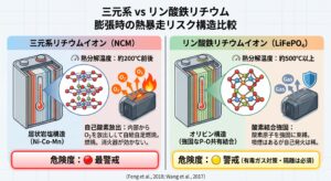 三元系とリン酸鉄リチウムの熱分解特性の比較