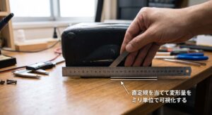 直定規を当てて変形量を計測する様子