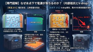 氷点下のポータブル電源の電圧降下イメージ
